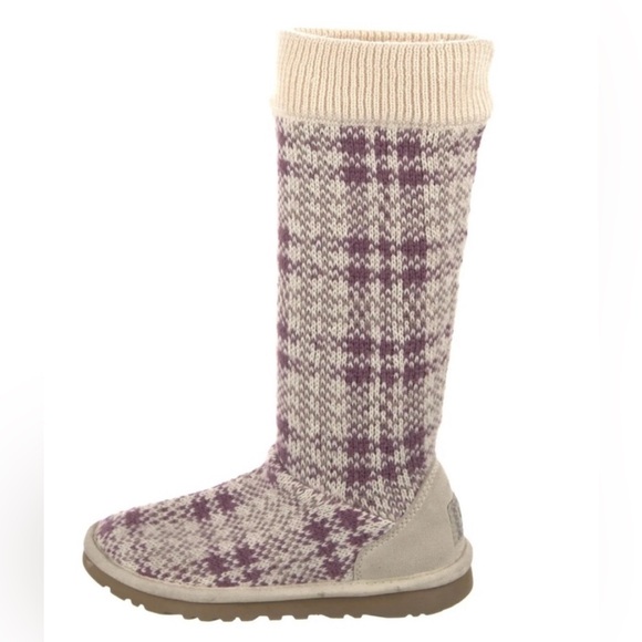 UGG Australia  Jaster Plaid Knit Boots Plum/Ivory Mid calf Pull On Size 7 - Picture 1 of 13